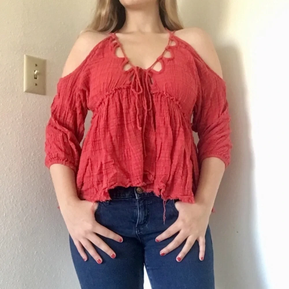 Free People One of a Kind Raw Hem Red/Pink Crinkle Strappy Drawstring Blouse Top
